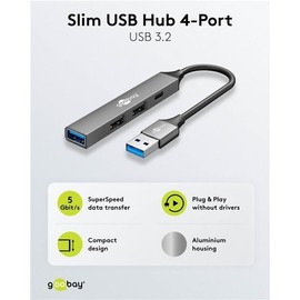 goobay 4-Port USB 3.2 Hub Slim, Multiple Plug, 5 Gbits, Splitter, A to 3xA and 1xC Multiport Adapter 3.0-74458