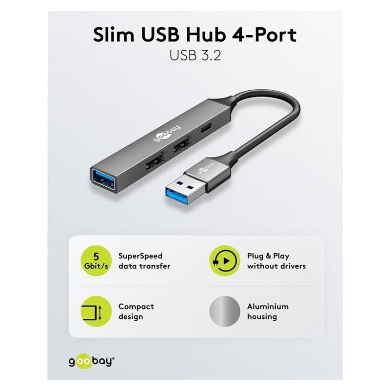 goobay 4-Port USB 3.2 Hub Slim, Multiple Plug, 5 Gbits,