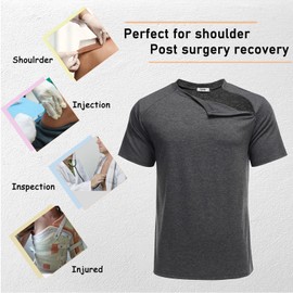 Deyeek Men's Post Shoulder Surgery Shirts Recovery Tear Away Short Sleeve 2 Side Zippers Off Full Open Chemo Clothing