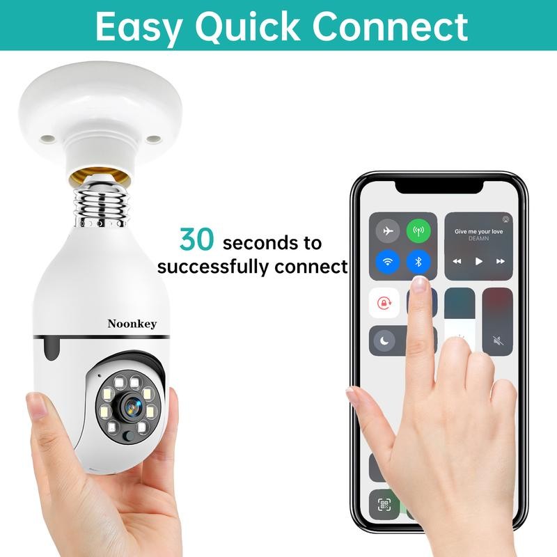 Noonkey 2K/3MP Light Bulb Security Camera, Wireless Indoor/Outdoor, 2.4/5GHz, Full-Color