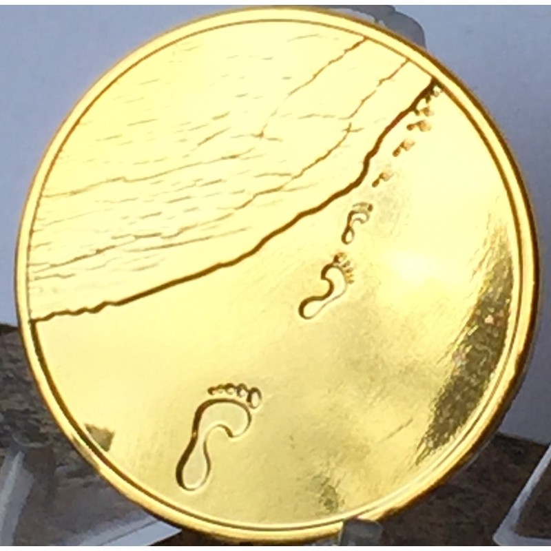 Foot Prints in The Sand Gold Tone Medallion Spiritual Chip