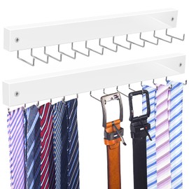 【2 in 1】 2 Pack Tie Organizer Belt Organizer Wall Mounted, Space Saving Tie Rack Belt Hanger for Closet with 24 Storage Hooks, Belt Tie Holder for Closet Organizer Storage White
