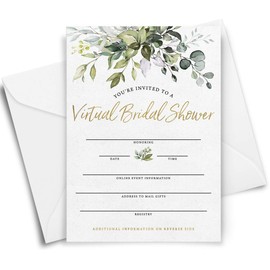 Printed Party Virtual Bridal Shower by Mail, Greenery Eucalyptus, Set of 5 Double-Sided Invitations, Games, Activities and Thank You Cards