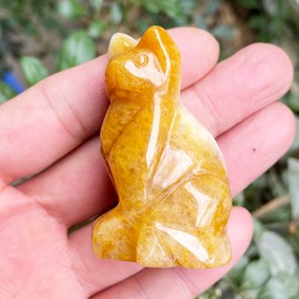 Neyisaa 2 Inches Carving Stone Sitting Cat Statue Figurine, Crystal Animal Healing Sculpture Pocket Stones Reiki Home Decoration, Yellow Jade