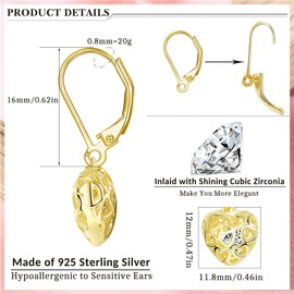 KRFY 925 Sterling Silver Filigree Earrings 18K Gold Plated Hypoallergenic Heart Ball Leverback Dangle Earrings Heart Drop Dangle Earrings for Women, Sterling Silver