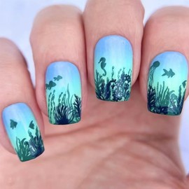 Summer Press On Nails Medium Square Fake Nails Sea Grass With Fish Sea Horse Design Ombre False Nails Acrylic Artificial Nails Blue Glue On Nails Full Cover Stick On Nails For Women Manicure 24pcs