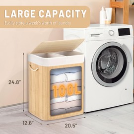 Aliphon 100L Laundry Hamper with lid, 2-Section Clothes Laundry Basket with Handles, Large Collapsible Bamboo Baskets for Bedroom, Bathroom, Dorm, Natural Beige