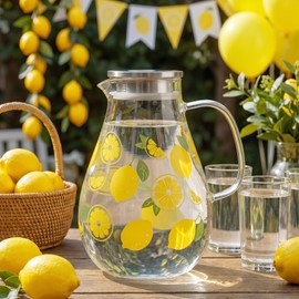 Yungyan Lemonade Pitcher with Lid 67.6 oz Clear Glass Water Pitcher with Lid Classic Lemon Water Pitchers with Handle Reusable, Indoor and Outdoor Pitchers for Cold Brew, Coffee, Lemonade, Iced Sun
