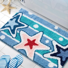 Starfish Beach Bathroom Rugs Blue 20x32 Inch, Soft and Absorbent Tufted Coastal Bath Mat Non Slip Washable, Ocean Nautical Decor for Bathroom Bedroom