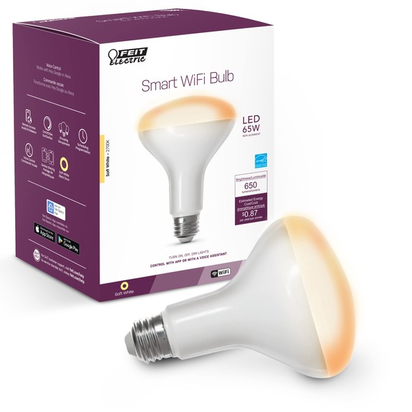 Feit Electric BR30/927CA/AG 65W Equivalent WiFi Dimmable, No Hub Required, Alexa Google Assistant BR30 Smart LED Light Bulb, 5" H x 3.72" D, 2700K Soft White