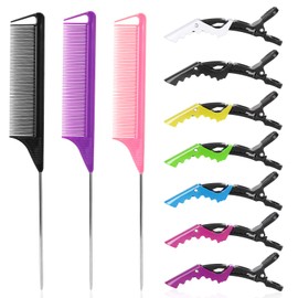 Kunihiko Rat Tail and Parting Combs with Styling Clips: 3 Metal Teasing Combs for Braids, 7 Professional Sectioning Hair Clips