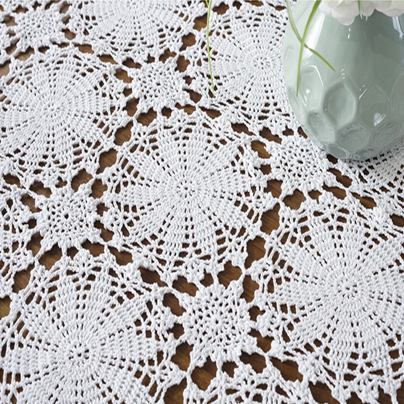 USTIDE Shabby Handmade Crochet Tablecloth Rectangle Romantic Table Cover White