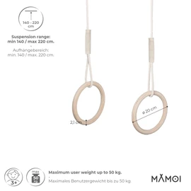 Gym Rings/Flying Rings - 2-in-1 Multifunctional Trapeze Swing with Wooden Rings - Trapeze for Hanging - Supports up to 100 kg - 100% Eco and Made in the EU