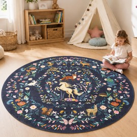 6ft Round Rug Washable Kids Rug Whimsical Playroom, Navy Blue