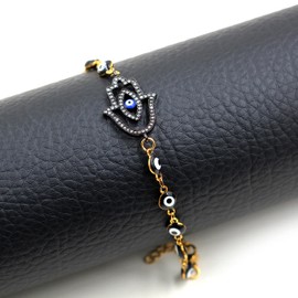 Uloveido Stainless Steel Evil Eye Chain Bracelets Hamsa Hand Fatima Cubic Zirconia Charm Bracelets Blue Eye Adjustable Amulet Protection Bracelet for Women (Y3981-gold black)