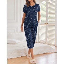 Ekouaer 2 Pack: Womens Pajamas Short Sleeve Sleepwear Tops and Capri Pants Pjs Print Pajama Sets Pink Stripe Grey Stars XL