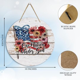 4th of July Decorations One Nation Under God Patriotic Decor Memorial Day Decorations Independence Day Americana Christian Wooden Round Hanging Decor Sign for Home Office Wall Door