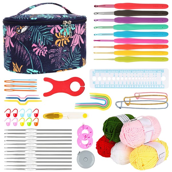 Aeelike Blue Leaves Crochet Set for Beginners, 59 Pieces Portable Crochet Hook Set with Accessories and Wool, 0.6 mm - 6.0 mm Crochet Hooks Set Includes Stainless Steel Tips Crochet Hooks, for Socks,