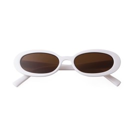 Laurinny Oval Sunglasses for Women Retro 90s Small Skinny Sun Glasses Trendy Cute Vintage Shades, White Frame/Brown Lens