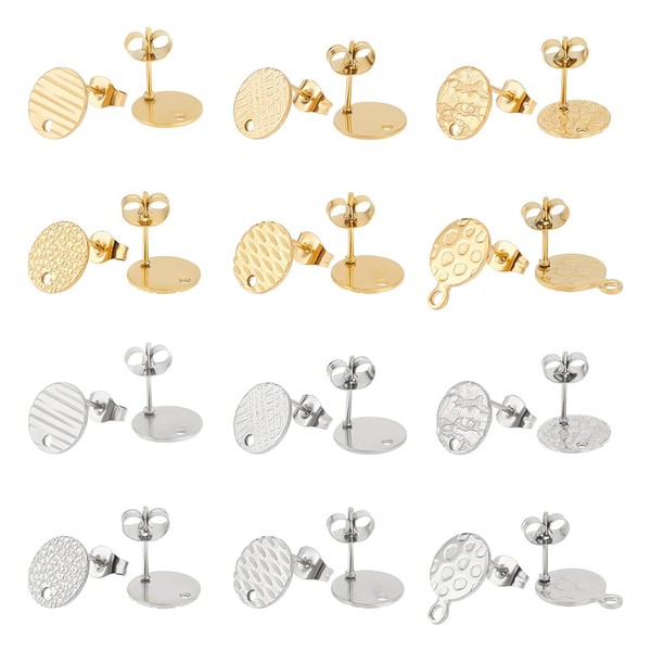 UNICRAFTALE 24 Pieces 2 Colours 6 Styles 304 Stainless Steel Earrings with Back Earring Hypoallergenic Post Earrings Textured Flat Round DIY Earrings