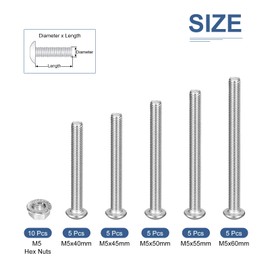 DTGN 35Pack M5(D) Button Head Socket Cap Screws Nuts Kit - 40/45/50/55/60mm(L) Hex Socket Cap Bolt Nut Assortment - 304 Stainless Steel Full Thread - Good for Machine