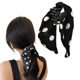 Hair Claw Clips for Women Bow Ribbon Hair Clip Polka Dot Hair Clips Black Ponytail Accessories for Women's Hair Ribbon Bowknot Hair Clips Bow Claw Clips for Thin Thick Hair