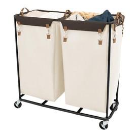 StorageWorks 390L Extra Large Lanudry Hamper with Wheels, Laundry Basket with Wheels 2 Sections, Clothes Sorter Cart with Divider for Hotel, Home, Beige, 1-Pack