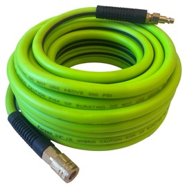 Air Hose 3/8 in x 100 ft, Heavy Duty, Lightweight, Kink Resistant, Hybrid Air Compressor Hose with 1/4 in Solid Brass Male Fittings, Bend Restrictors, 300 PSI (100FT, Green Black)