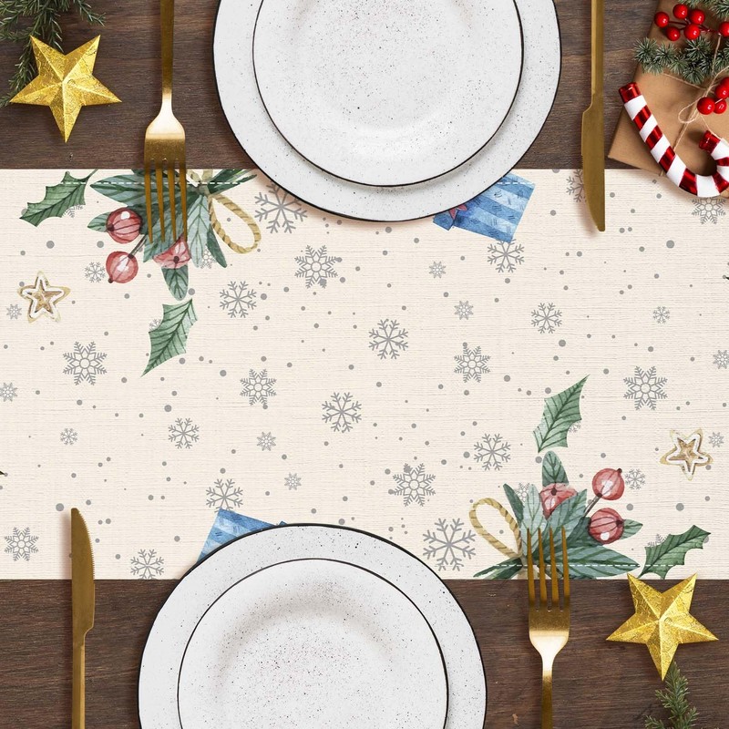Christmas Reindeer Cat Table Runner, Holly Snowflake Farmhouse Xmas Decor