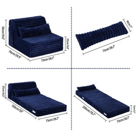 Tiita Folding Sofa Bed - 4-Fold Convertible Sleeper Chair with Corduroy Cover and Rectangular Pillow, Floor Sofa Mattress for Adults, Single Size, Navy