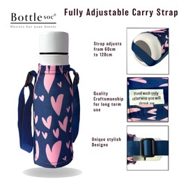 Bottlesoc Water Bottle Holder with Shoulder Strap | Pink Heart Design - Washable Cover for Walking and Travel | Eco-Friendly Case with Adjustable Strap | Stretchy and Reusable