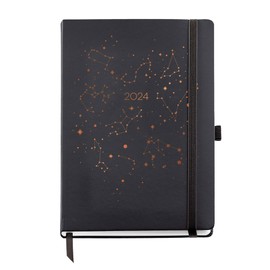 Miquelrius - 2024 Week to View Plus Size 155 x 213 mm (A5 Similar) Hardback Cover Stitched Rubber Closure Spanish English and Portuguese Constellation with Copper Stamp