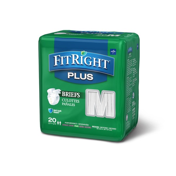 Medline FitRight Plus Adult Diapers, Disposable Incontinence Briefs with Tabs, Moderate Absorbency, Medium, 32"-42", 4 packs of 20 (80 total), White