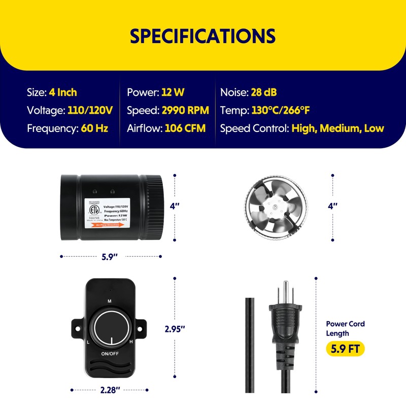 iPower 4 Inch Inline Booster Speed Controller, 106 CFM Exhaust
