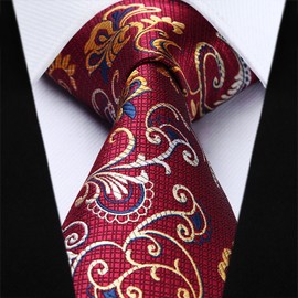 HISDERN Floral Paisley Wedding Tie Handkerchief Men's Necktie & Pocket Square Set, One Size, Burgundy / Yellow