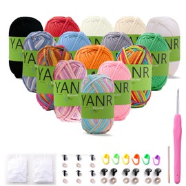 15 Pack Crochet Yarn Beginner -Black White Pink Red Green Orange Rainbow Blue- Beginners Crochet Yarn for Crocheting with Easy-to-See Stitches -Crochet Yarn for Beginners Cotton Crochet Kit(3x50g)