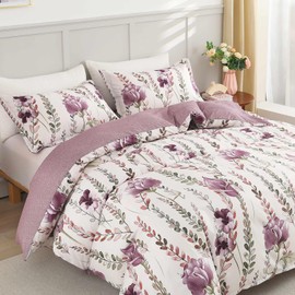 Purple Floral Duvet Cover Set Double Size Bedding Quilt Cover White and Purple Reversible 3Pcs Soft Microfiber Bedding Set with 2 Pillowcases(Double, 200x200cm)