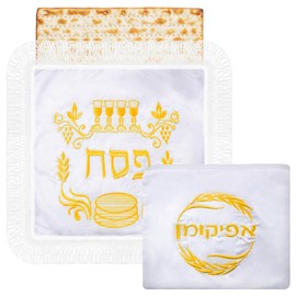Shinylin Shinylin 2 Pcs Passover Matzah Cover Seder Afikoman Holder 11" x 11" Square Satin Matzo Cover with 3 Pockets for 3 Matzot - 10" Zippered Afikomen Bag Silk Vienna Passover Collection(Gold)