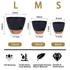 THEJIYUE HEJIYUE Large Plant Pot, Self Watering Pots for Indoor Plants, 8/10/12 Inch Plastic Planters with Water Level Indicator, Drainage Holes & Deep Reservoir, Modern Decorative Flower Pot (Black)