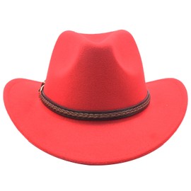 Sandy Ting Men & Women's Classic Felt Wide Brim Western Cowboy Cowgirl Hat with Belt Buckle, Red, One Size
