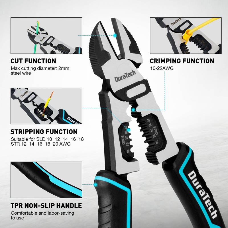 DURATECH 4-in-1 Diagonal Cutting Pliers, 8" Multifunction Heavy Duty Side-Cutting