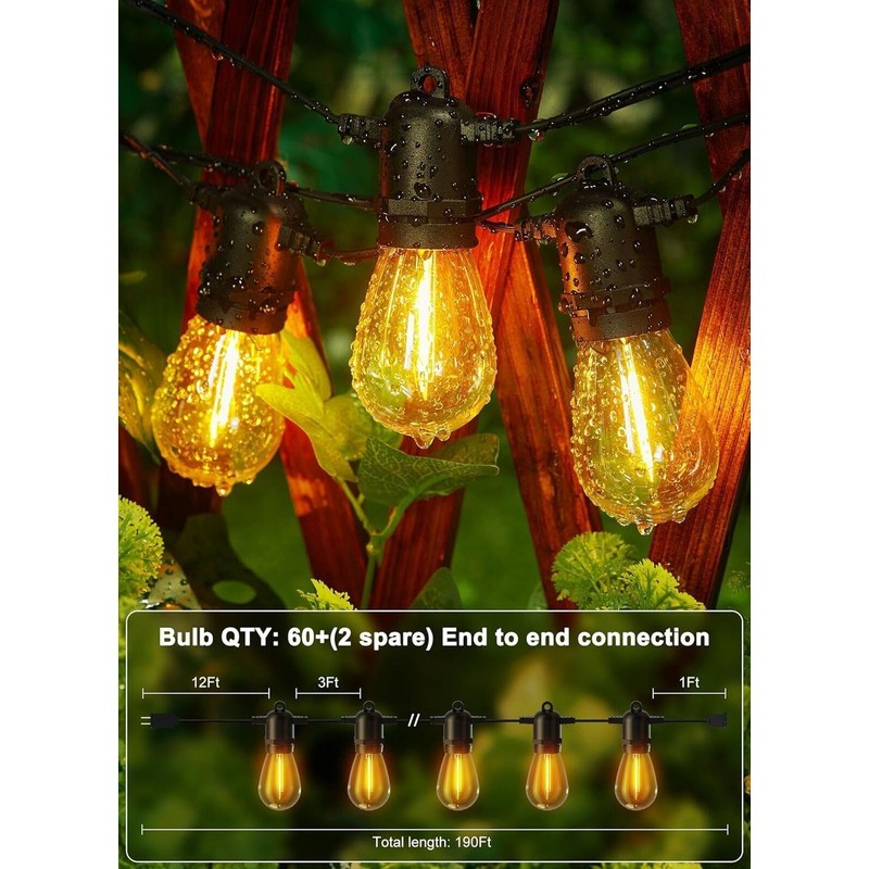 Brightown 190FT Outdoor String Lights for Patio with 62 Shatterproof