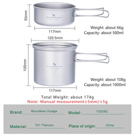 iBasingo Titanium Pot Pan Set Lightweight Camping Cookware Outdoor Kitchen Bowl Dish Set Portable Cooking Kit with Folding Handle Travel Tableware Mess Kit for 1-2 People Ti2038C