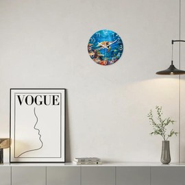 XNM Ocean Round Kitchen Clocks Battery Operated 12 Inch Sea Turtle Analog Wall Clock Modern Funny Blue Glass Wall Clock Silent