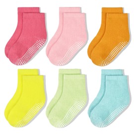 ARERWA Non Slip Toddler Socks - 6 Pairs Kids Crew Grip Socks Anti Skid for 5-7 Years Girls Toddler Kids