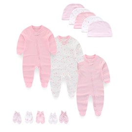 MAMIMAKA Newborn Baby Clothes Sleepsuit Set 2-Way Zip Cotton Footed Pajamas, Caps and Scratch Mittens 0-6 Months