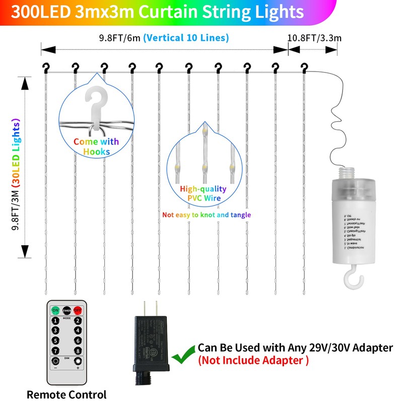 Curtain Lights Battery Operated 10x10Ft 300LED Waterproof Waterfall Light with