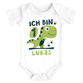 SpecialMe® 1st / 2nd Birthday Baby Bodysuit with Name and Number Dino Dinosaur Organic Cotton, Dino 1 Year White