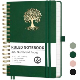 RETTACY Spiral Journal Notebook, 300 Numbered Pages, B5 Medium Size (7.6'' x 10''), for Men & Women, Journaling, Writing, Work & Office, Leather Hardcover, 100 GSM Thick Paper (Dark Green)