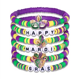 FAERLIIRY Mardi Gras Beaded Bracelets for Women Heishi Stretch Bracelets Mask Fleur De Lis Charm Bracelets Carnival Holiday Preppy Bracelets Jewelry, Large, Alloy, no gemstone